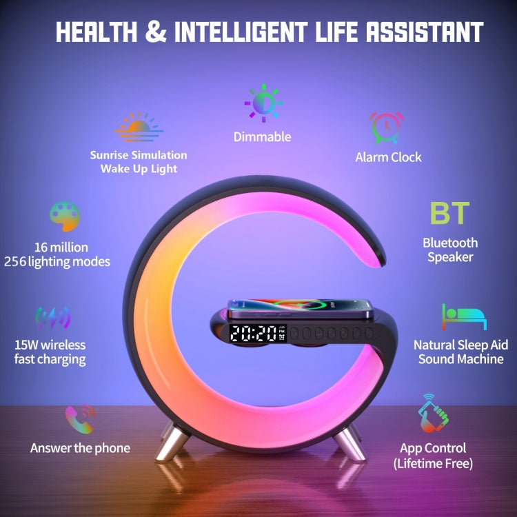 Smart Bluetooth Speaker with Wireless Charger & Alarm Clock & Ambient Light, Support APP