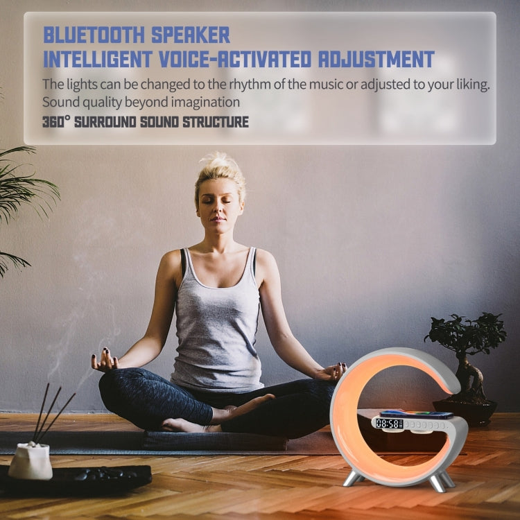 Smart Bluetooth Speaker with Wireless Charger & Alarm Clock & Ambient Light, Support APP